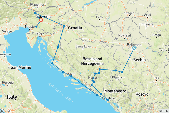 Map of 13-Day Scenic and Heritage Tour Across the Balkans