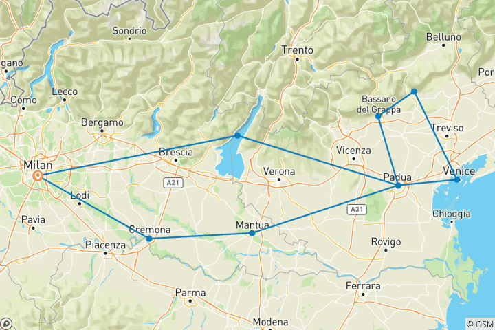 Carte du circuit De Milan au Lac de Garde et à Venise - 4 jours