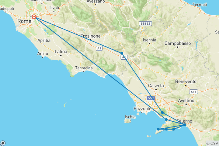 Map of Amalfi, Pompeii & Vesuvius - 3 days