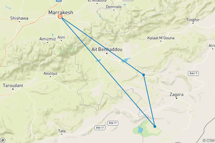 Map of Marrakech Desert Trip Chigaga Dunes Riding Camel Sandboarding