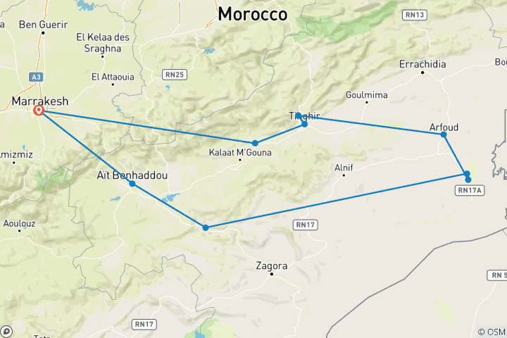 Carte du circuit Circuit de luxe à Marrakech dans le désert 4 jours / 1 nuit dans un camp de luxe dans le désert