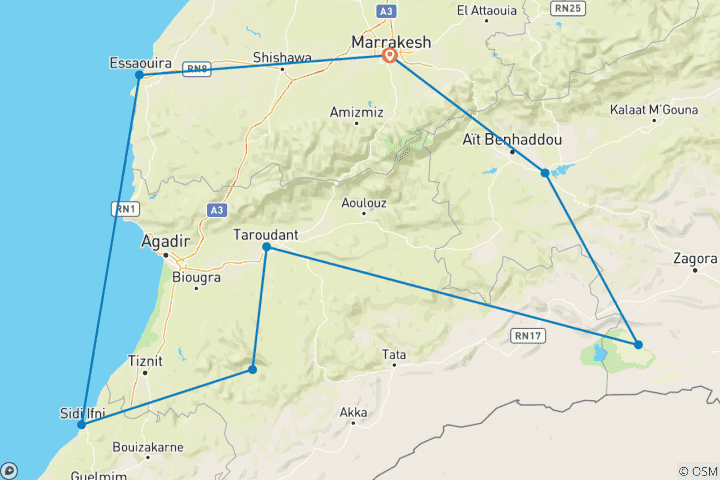 Carte du circuit Circuit Côte Atlantique, Dunes Sahariennes, Haut Atlas, Désert Marocain