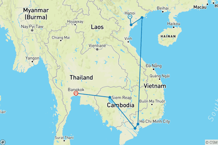 Carte du circuit Vietnam, Cambodge et Thaïlande en 12 jours