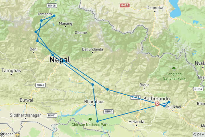 Map of Nepal's Highlights with Motorbike: Lifetime adventure.