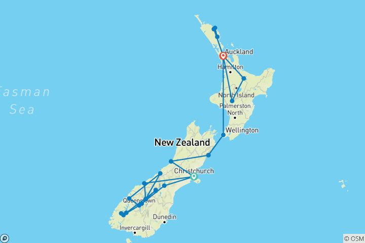 Map of Ultimate New Zealand (Northbound, 21 Days)