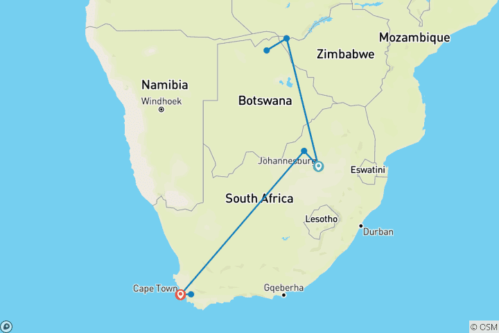 Map of Exploring South Africa, Victoria Falls & Botswana  (Johannesburg to Cape Town) (2025)