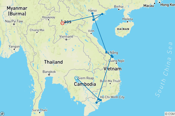 Kaart van Routes van Indochina ( Cambodja  – Vietnam  – Laos) in 19 dagen