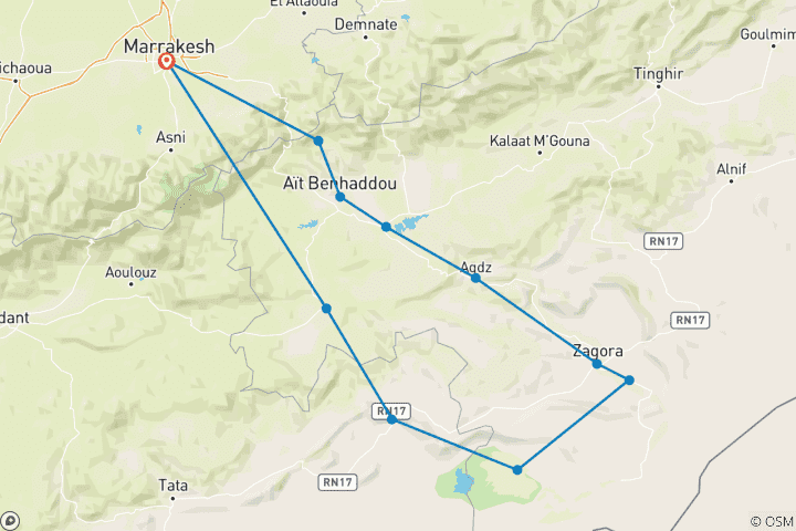 Map of Marrakech To Erg Chigaga : Private 3-Days Desert Adventure Tour
