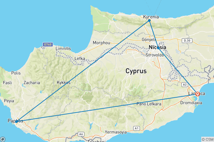 Kaart van 6 Daagse Privé Cyprus Rondreis voor het hele gezin, dagelijkse start & exclusieve gids en auto