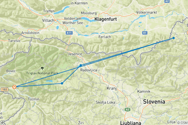 Map of E-bike adventure in Julian Alps and Koroska