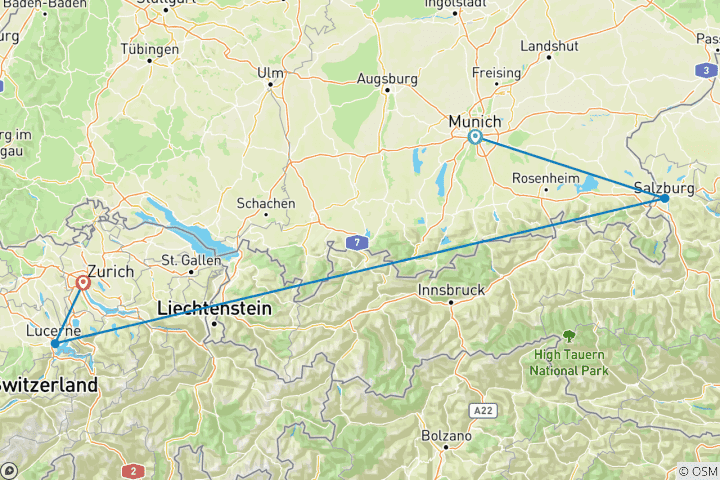 Carte du circuit Allemagne et Suisse en une semaine (Munich, Lucerne et Zurich)