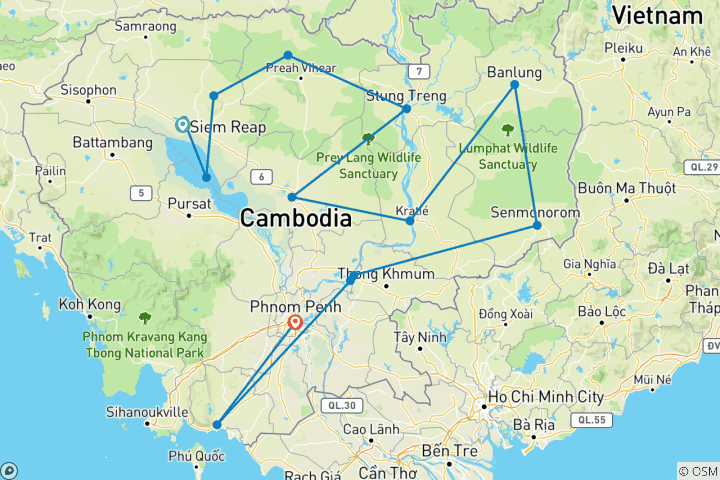 Map of 17 Days Discover All Cambodia Highlight Tour