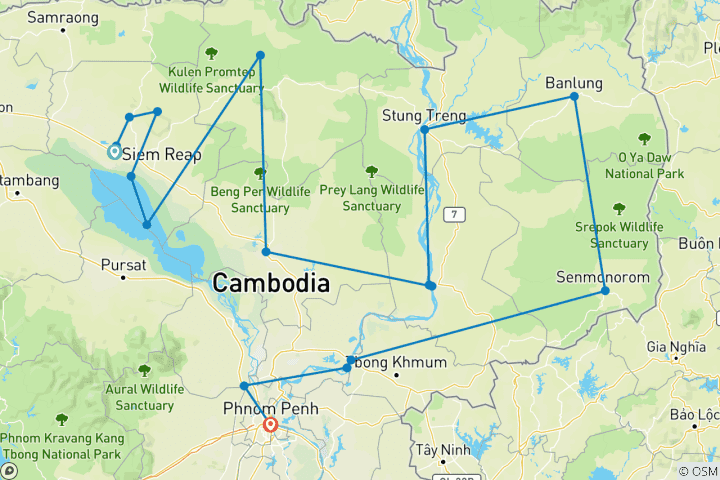 Kaart van Ontdek Cambodja 17 daagse privérondreis met gids langs erfgoed, hooglanden en wilde dieren