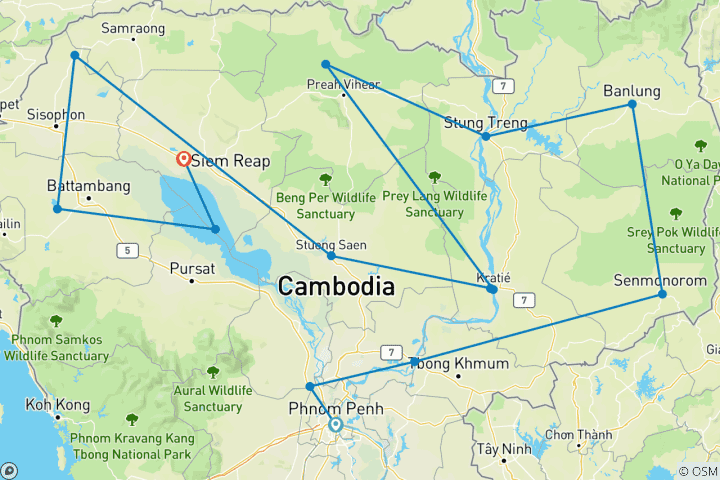 Kaart van Verbazingwekkende Cambodja Het beste van 23 dagen Rondreis door