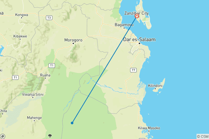 Carte du circuit Depuis Zanzibar : 3 jours de safari dans le Selous, bateau, randonnée et vols