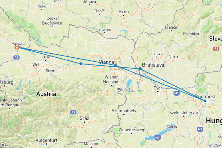 Carte du circuit Croisière du Nouvel An sur le Danube - AMADEUS Cara (Passau - Passau)