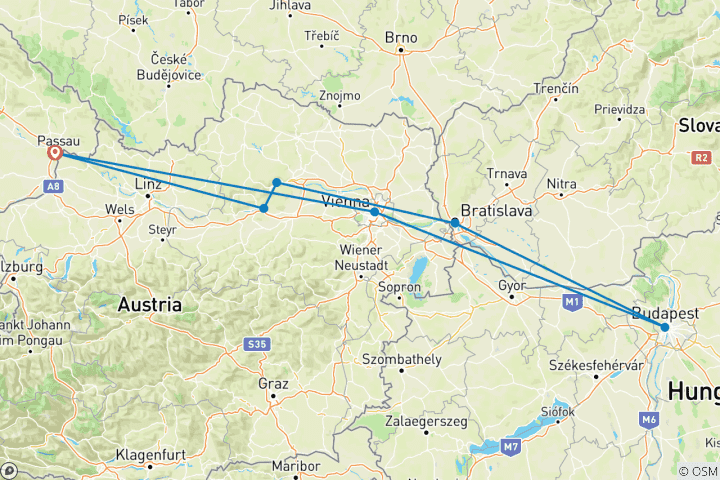 Karte von Silvesterkreuzfahrt auf der Donau - AMADEUS Nova (Passau - Passau)