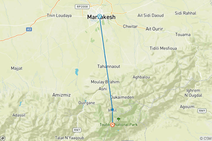 Map of 1-Day Tours From Marrakesh To Mule Trekking In Imlil