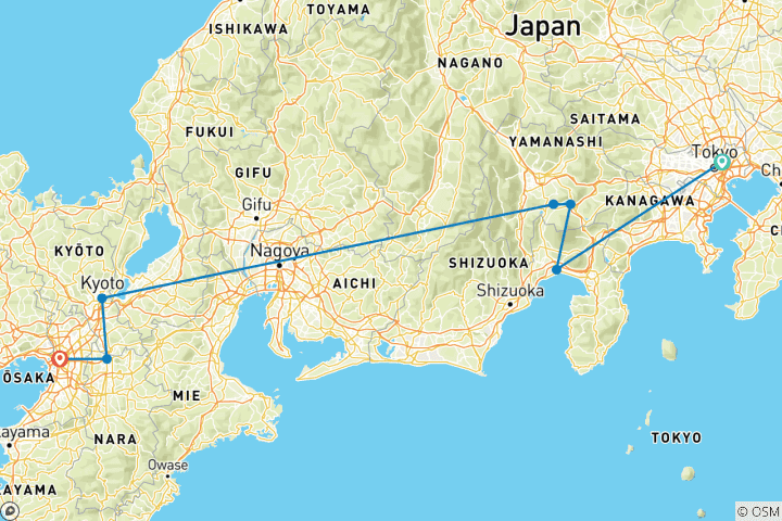 Kaart van 7 Dagen Aangepaste Klassieke Rondreis Tokio en Kansai (privégids & chauffeur）Familietour