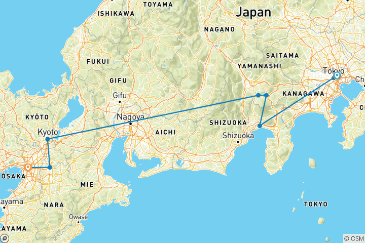 Carte du circuit Circuit classique personnalisé de 7 jours à Tokyo et dans le Kansai (guide et chauffeur privés）Family Tour)