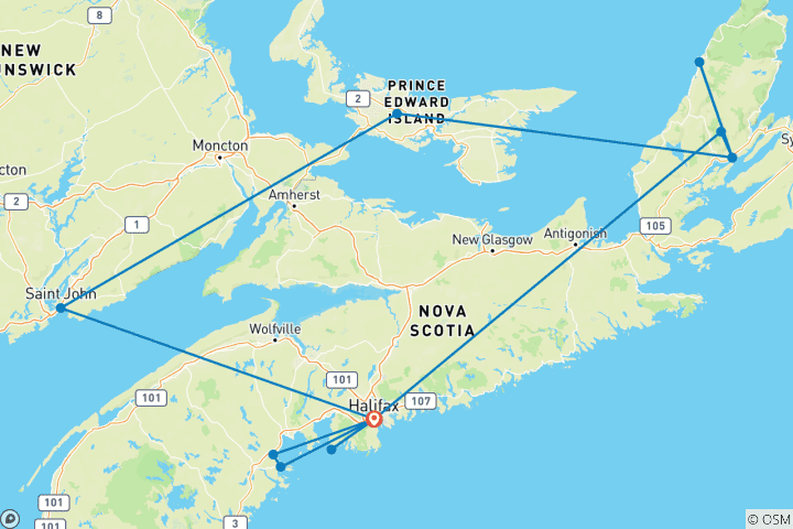 Carte du circuit Les Maritimes canadiennes et les merveilles de la côte avec la Piste Cabot