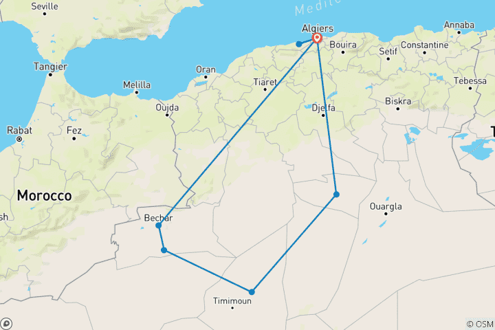 Carte du circuit 11 jours sur mesure pour découvrir le patrimoine et le désert d'Algérie, avec départ quotidien et guide privé