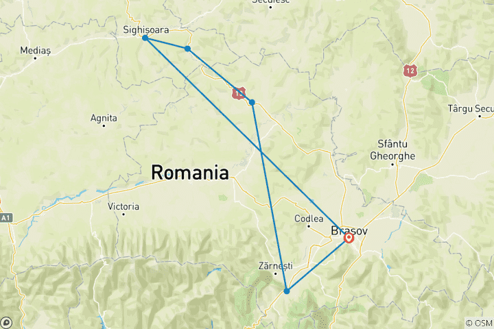 Map of 1 day – Dracula Tour - day tour from Brasov to Bran castle and Sighisoara