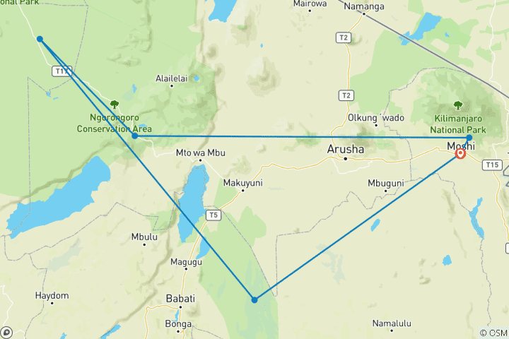 Carte du circuit Safari dans le nord de la Tanzanie, chutes d'eau de Materuni et plantation de café - Circuit de 6 jours
