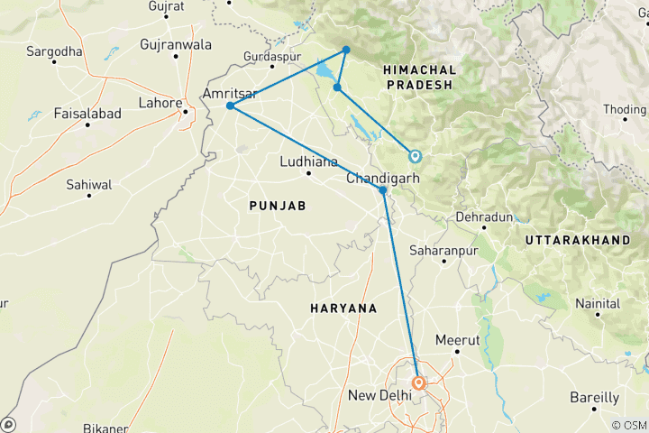 Mapa de Circuito privado en coche de 9 días al Himalaya con el Templo Dorado