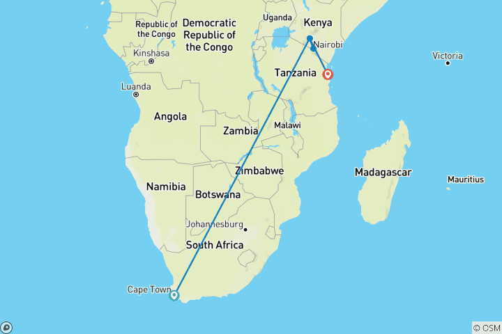 Mapa de Ciudad del Cabo, Kenia y Zanzíbar: Noches de safari a vibraciones isleñas