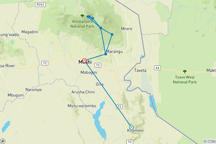 Mapa de 6 días de escalada al Kilimanjaro - Ruta Marangu