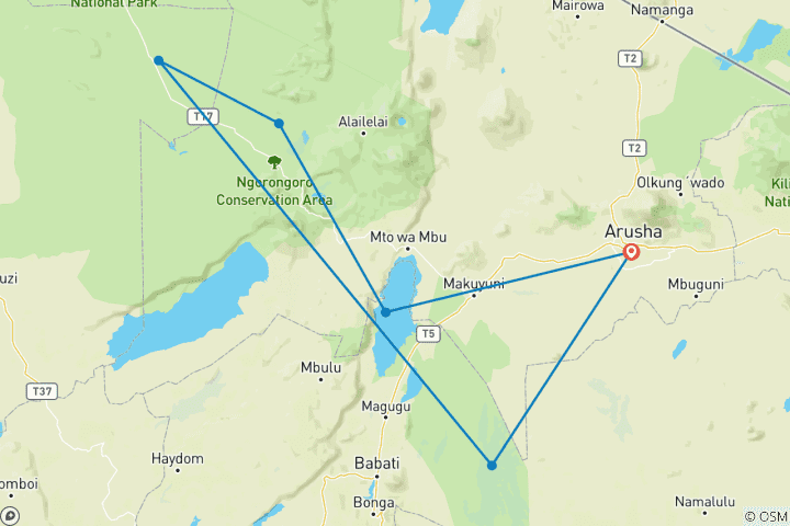 Carte du circuit Le meilleur de la Tanzanie : Safari, Camping et Aventure - Circuit de 7 jours (4 parcs nationaux)