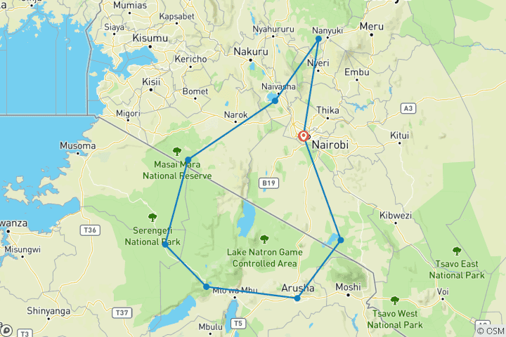 Kaart van 13 Daagse Kenia - Tanzania rondreis