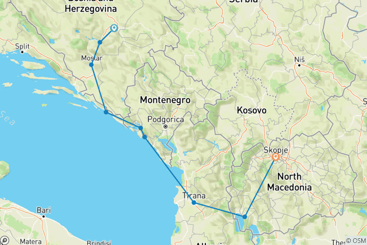 Kaart van Rondreis Balkan: 5 landen in 7 dagen Bosnië - Kroatië - Montenegro - Albanië - N. Macedonië