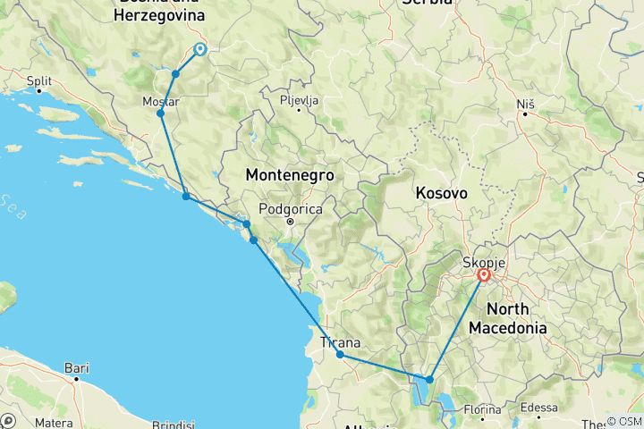 Mapa de Recorrido por los Balcanes 5 países en 7 días: Bosnia - Croacia - Montenegro - Albania - N. Macedonia