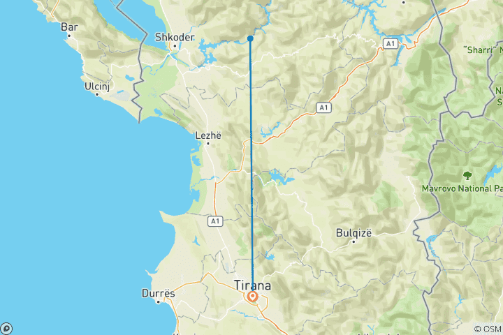 Carte du circuit Rivière Shala et lac Komani - Circuit quotidien au départ de Tirana