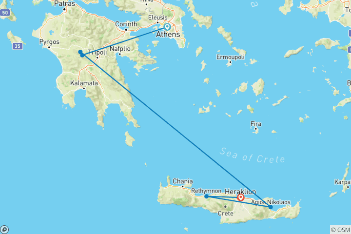 Carte du circuit 10 jours d'excursion culinaire étonnante à Athènes, dans le Péloponnèse et en Crète