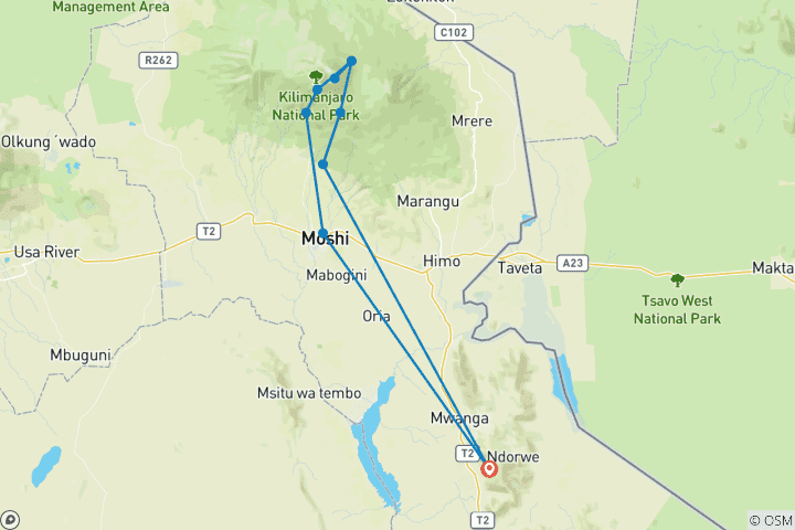Karte von Kilimandscharo Besteigung über die Umbwe Route - 8 Tage