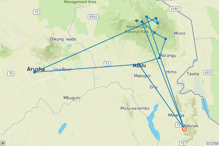 Karte von Kilimandscharo Besteigung über die Rongai Route - 9 Tage