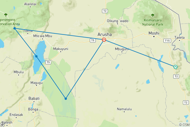 Map of 3 Days Tanzania Odyssey Luxury Safari