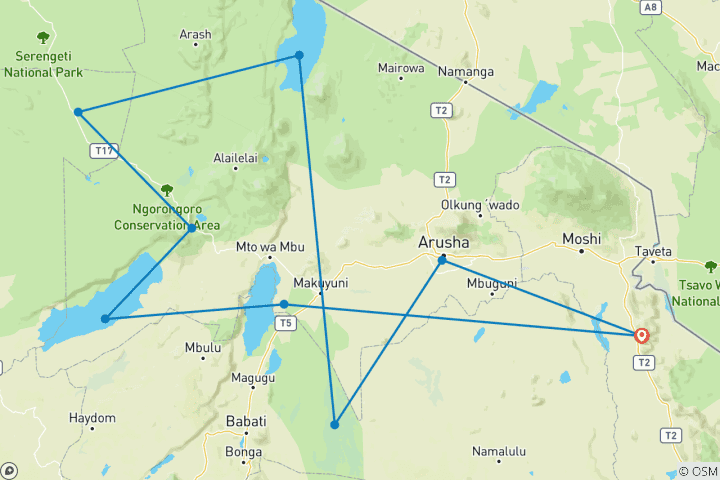 Map of 13 Days Tanzania Essence of Wildlife and Cultural Safari