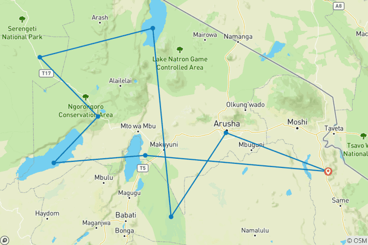 Map of 13 Days Tanzania Essence of Wildlife and Cultural Safari