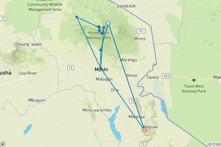 Map of 10 Days Mount Kilimanjaro Climbing - Lemosho Route