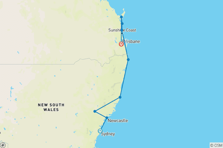 Map of Sydney to Brisbane Adventure - 8 days