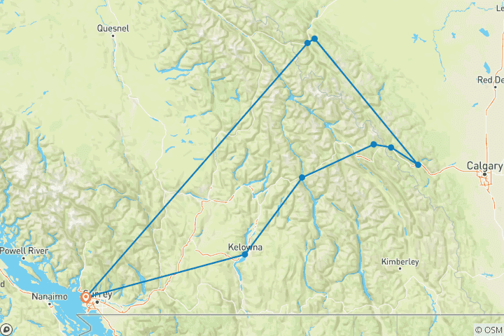 Mapa de Viaje especial de 6 días al oeste de Canadá con trenes VIA Railway | Explora el interior de BC + la zona de las Rocosas