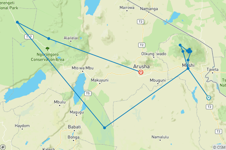 Map of 6 Days Kilimanjaro Climb and 5 Days Safari