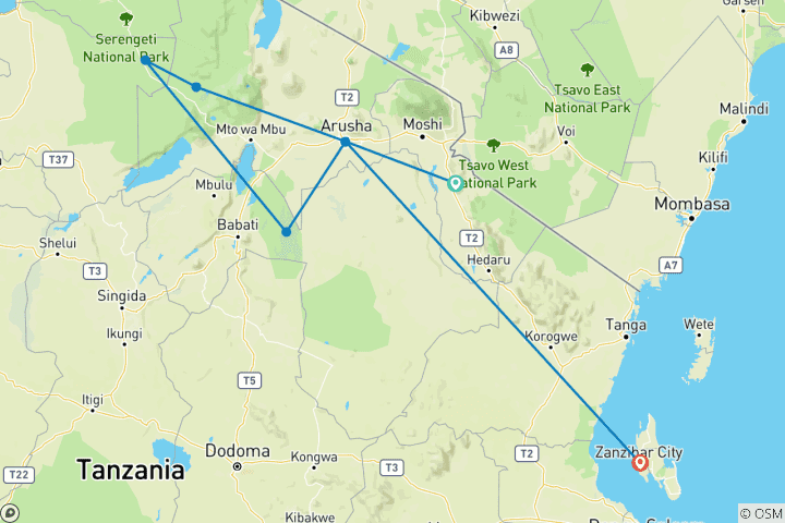 Map of 12 Days Honeymoon Tanzania and Zanzibar