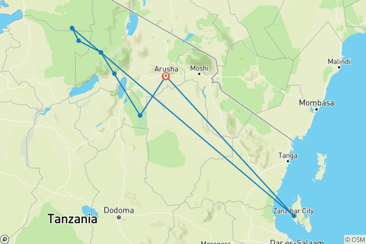 Map of 7 Days Safari and Zanzibar with Flights and Accommodation