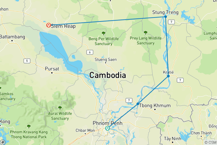 Karte von Nordost Phnom Penh Motorradreise nach Kampong Cham, Kratie, Mondulkiri, Ratanakiri, Stung Treng und Ta Seng