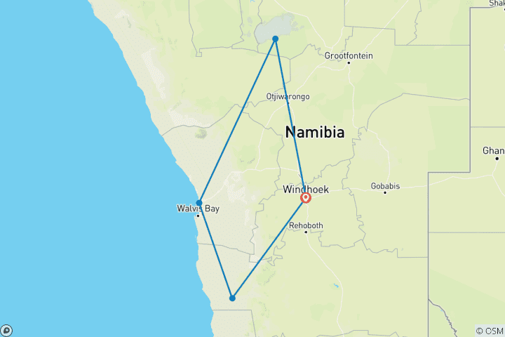 Map of 6 Days Sossusvlei, Swakopmund and Etosha National Park Lodging